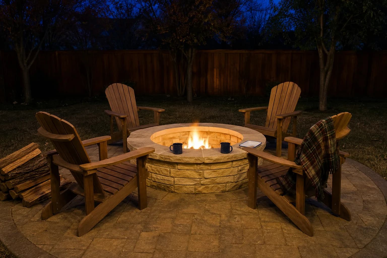 A stone fire pit burning in a paver seating area with four empty chairs pulled up around it at dusk