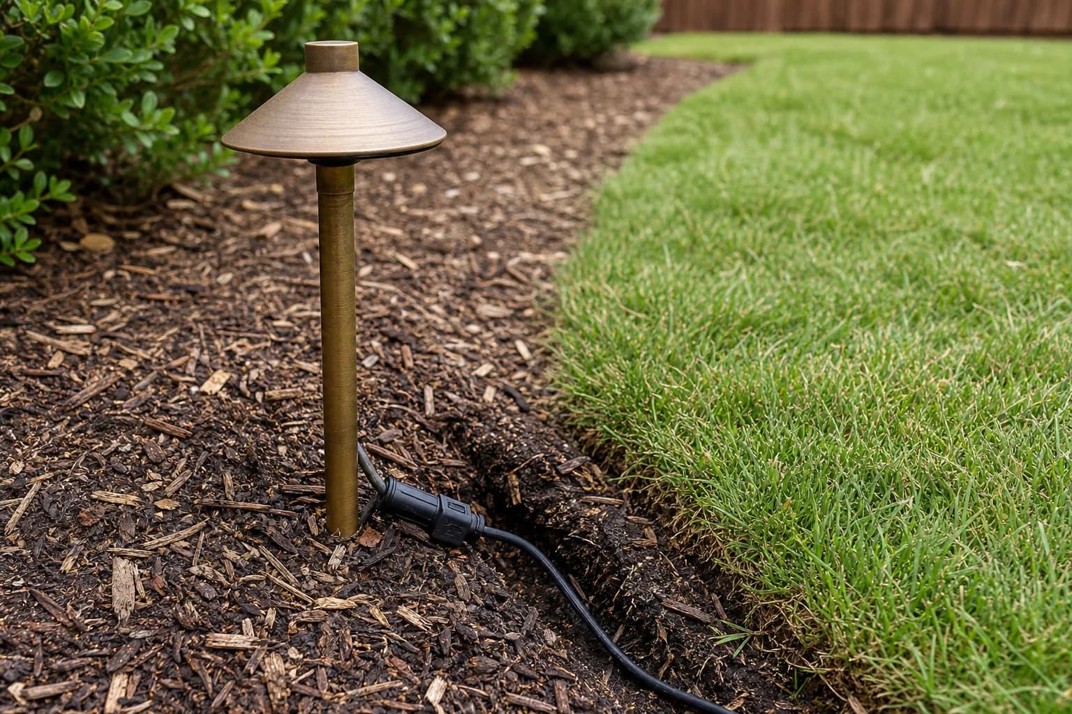 A brass path light set in a mulch bed, with its black cable lying in an open slit trench and a connector clamped onto it