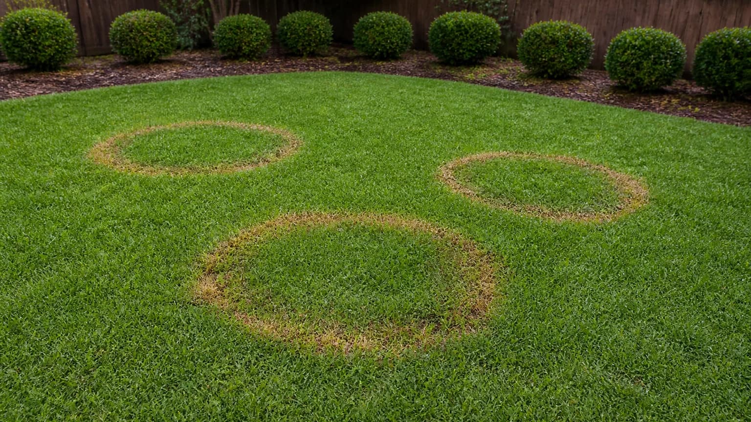 Ring-shaped brown patches in an otherwise dense green North Texas lawn