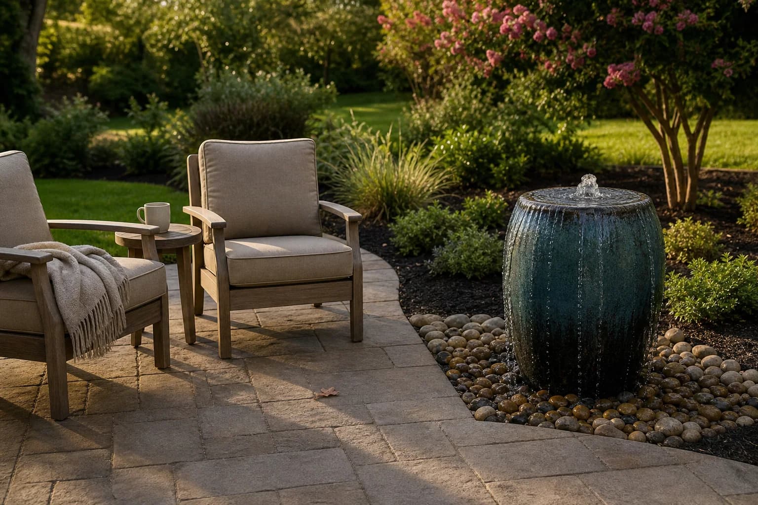 A bubbling urn fountain welling over its rim into a river-rock bed at the edge of a paver patio, with two empty chairs turned toward it