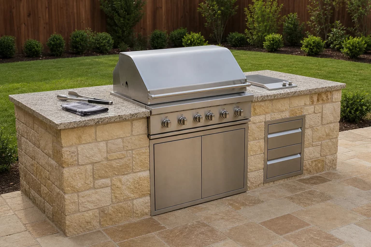 A built-in stainless gas grill set into a stone counter run with storage doors below and open counter space on both sides