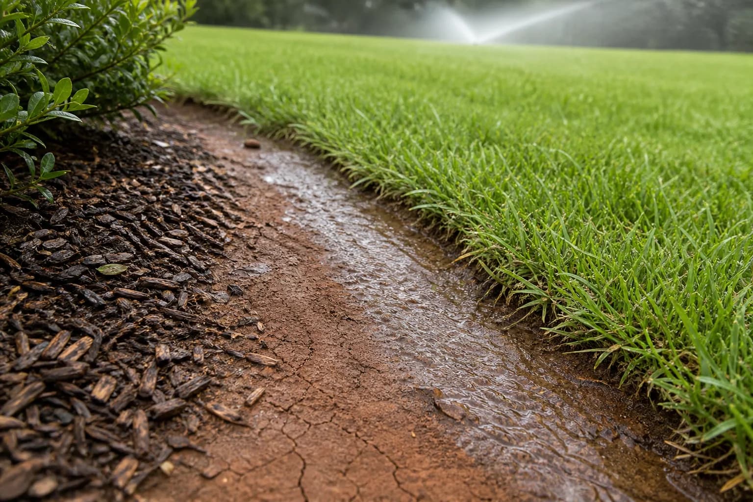 Sprinkler water running off along a bed edge of cracked reddish clay soil, with a sprinkler misting over the lawn in the background