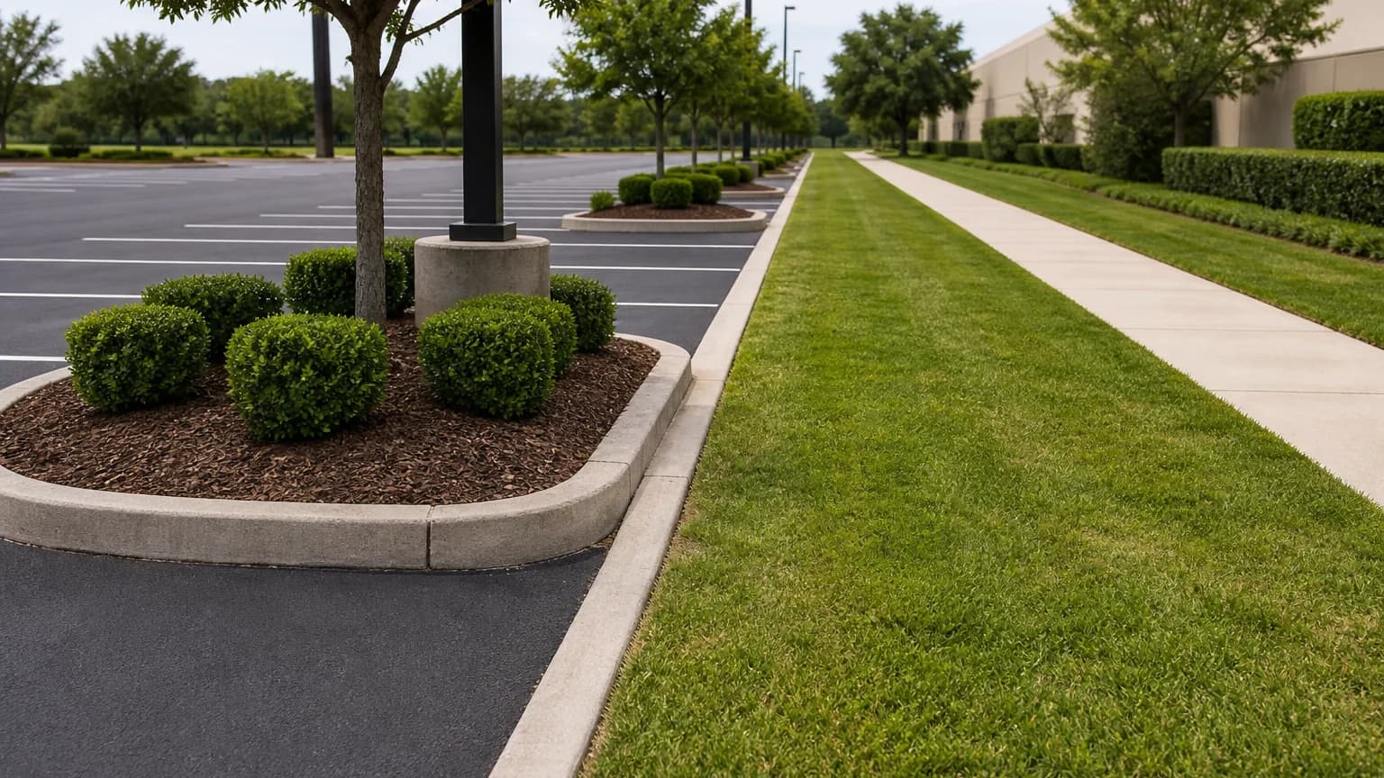 A commercial parking area with curbed planting islands of clipped shrubs and small trees, and a broad strip of mown turf running between the asphalt and a walkway