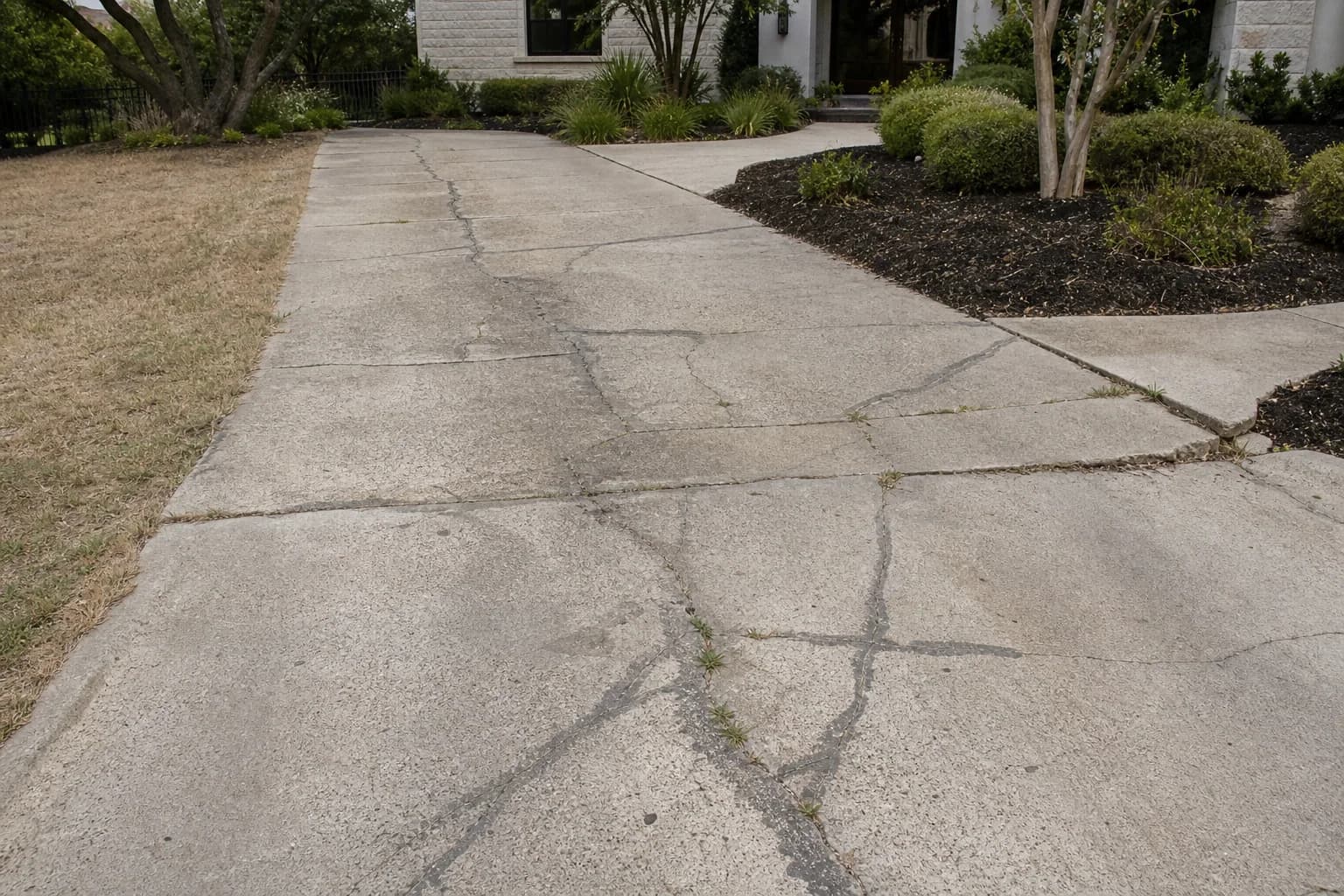 A cracked concrete driveway and front walkway, heaved out of level at the joints with weeds growing up through the cracks