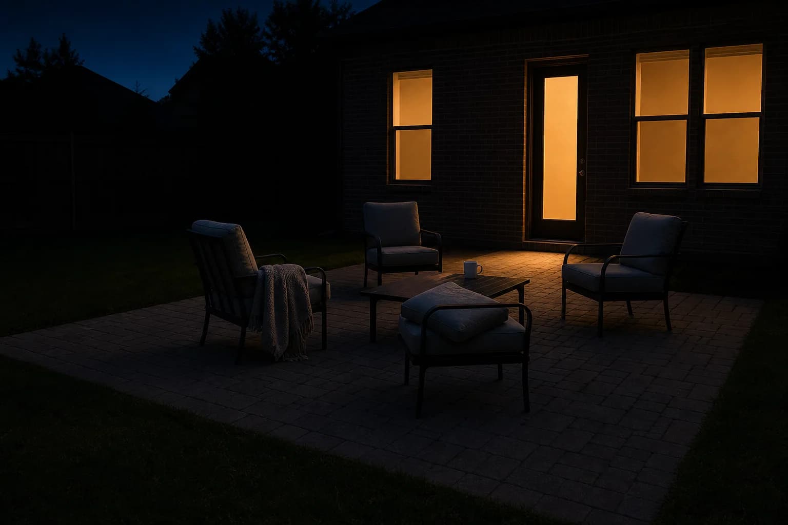 An empty patio with unused furniture sitting in the dark, lit only by the glow from the windows of the house behind it