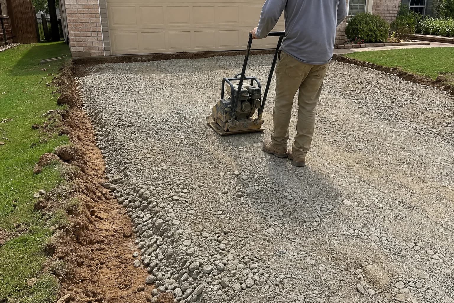 A worker guides a plate compactor over a crushed-limestone driveway base set below the lawn in a reddish clay excavation