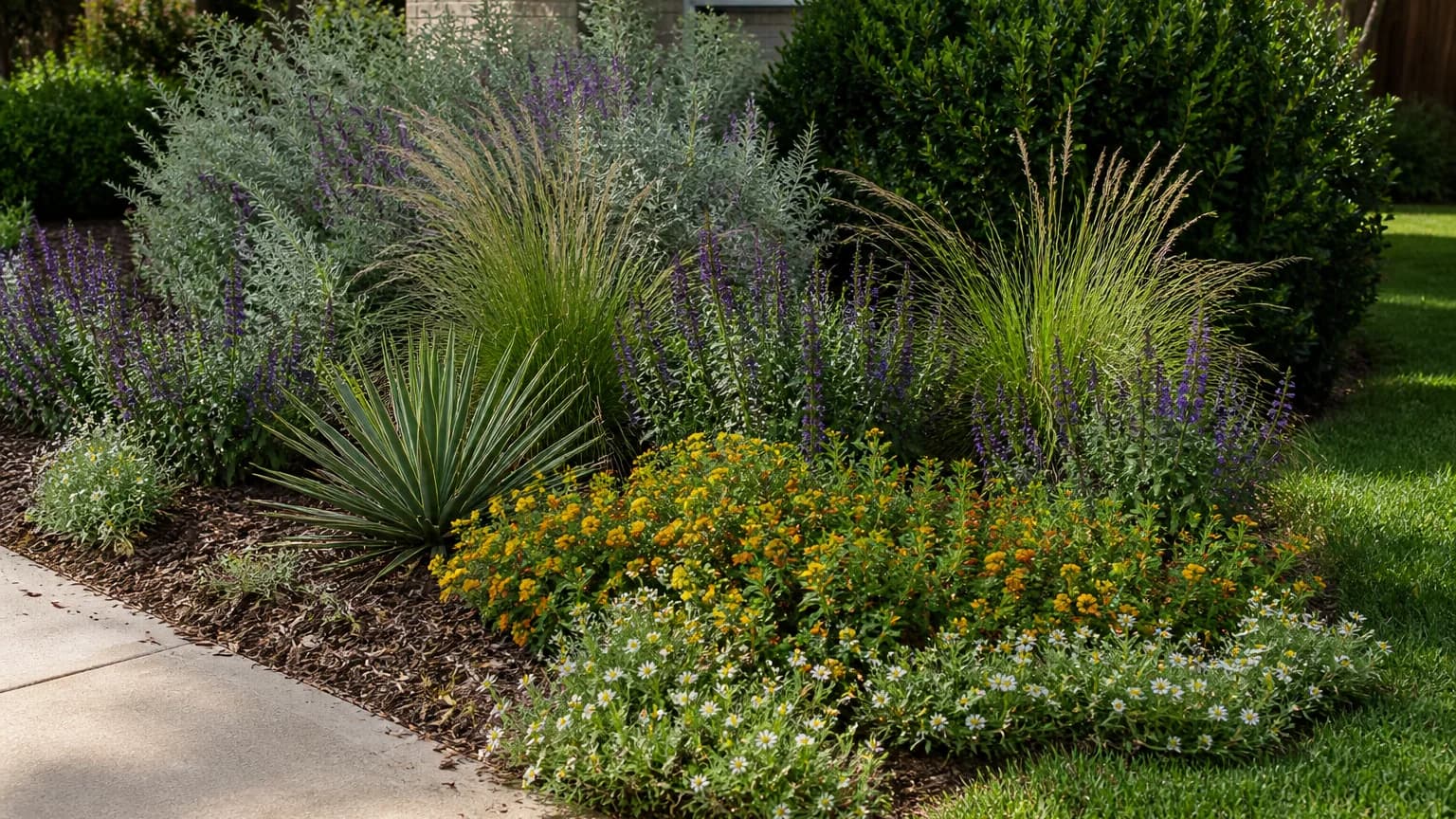 A mixed low-water planting bed in a North Texas front yard, with silver-leaved shrubs, ornamental grasses, purple flower spikes, and low yellow and white blooms