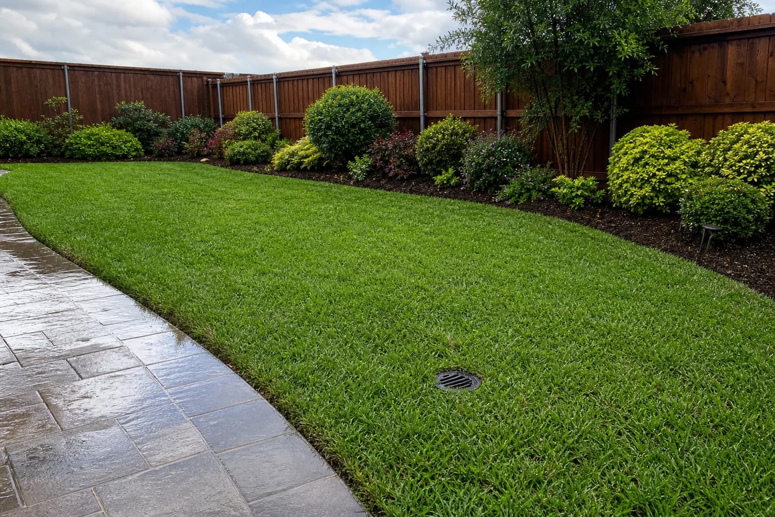 A round drain grate set flush in a green backyard lawn beside a wet paver walkway, with no water standing on the grass
