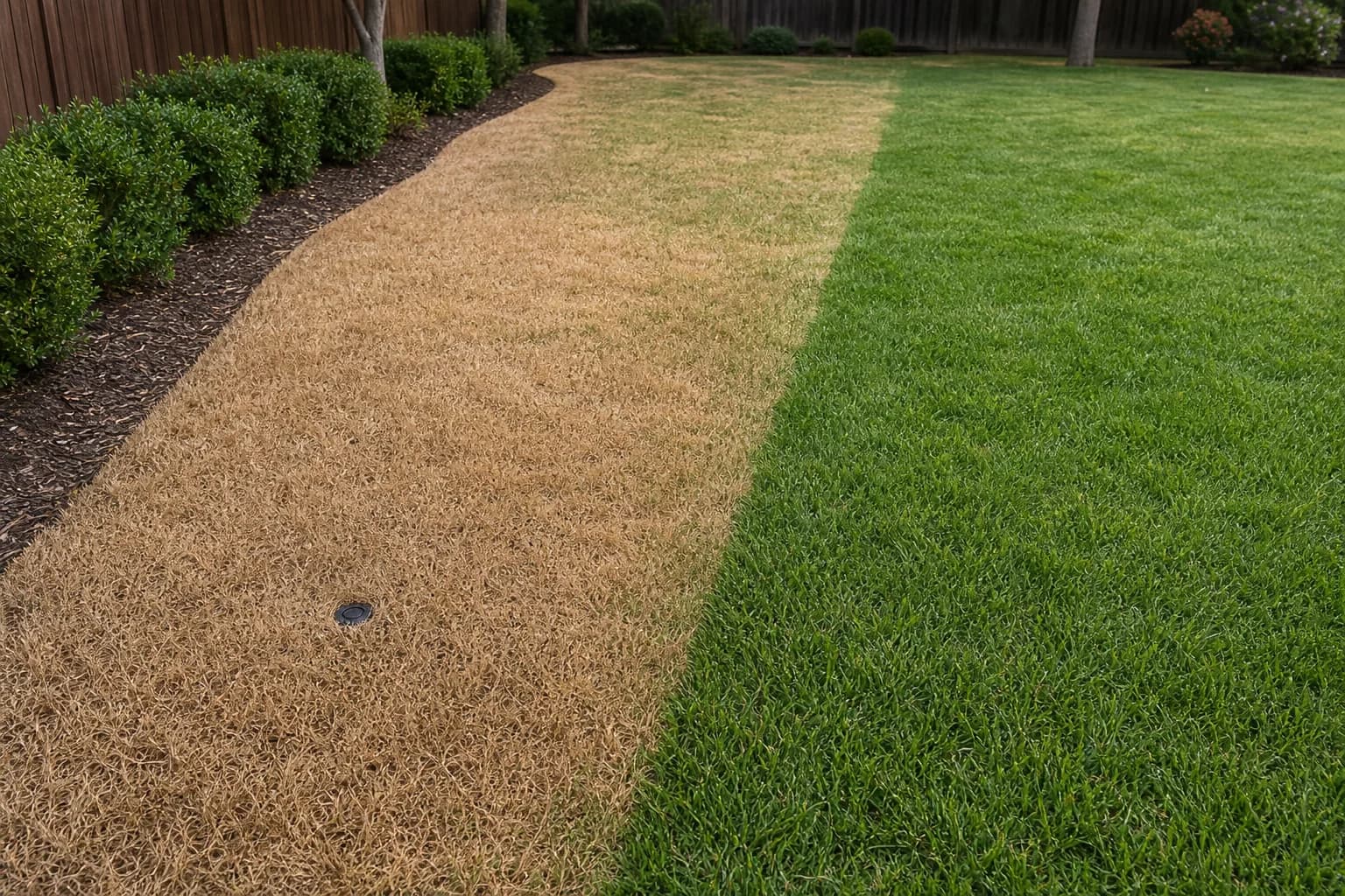 A sharply bounded patch of dry brown grass beside healthy green lawn, with a pop-up sprinkler head sitting in the dead area