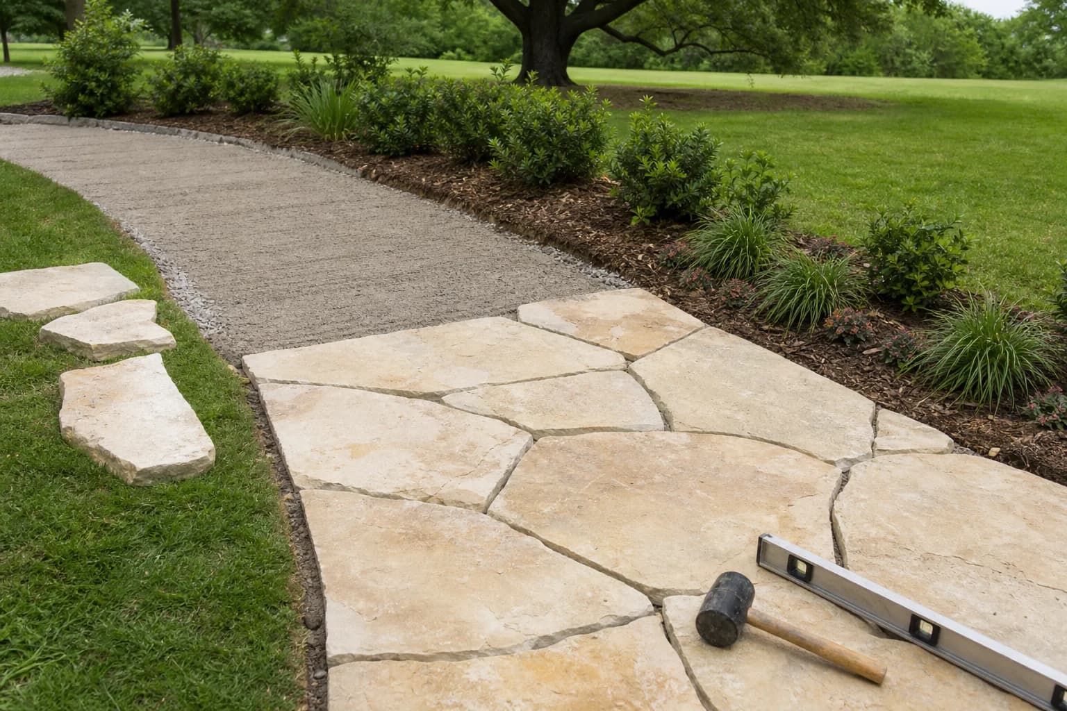 A flagstone walkway part-way through installation, with fitted stone in the foreground and the screeded setting bed still exposed ahead of it