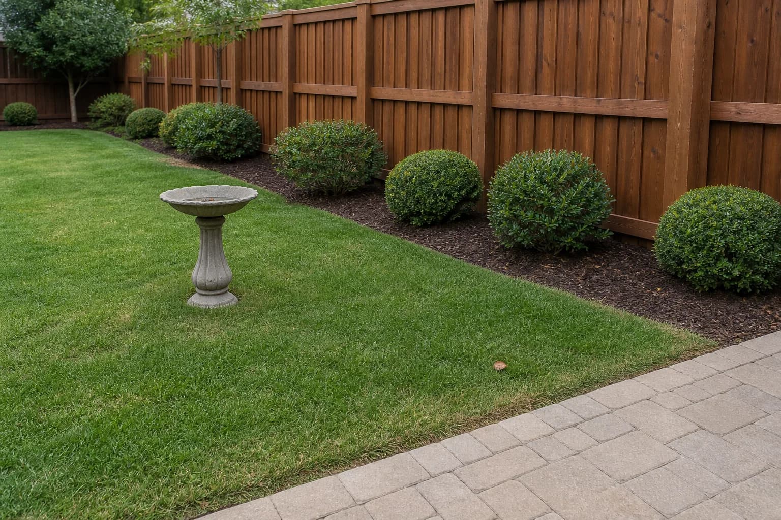 A tidy but static backyard of flat mown lawn and trimmed shrubs along a fence, with a dry, empty birdbath standing out on the grass