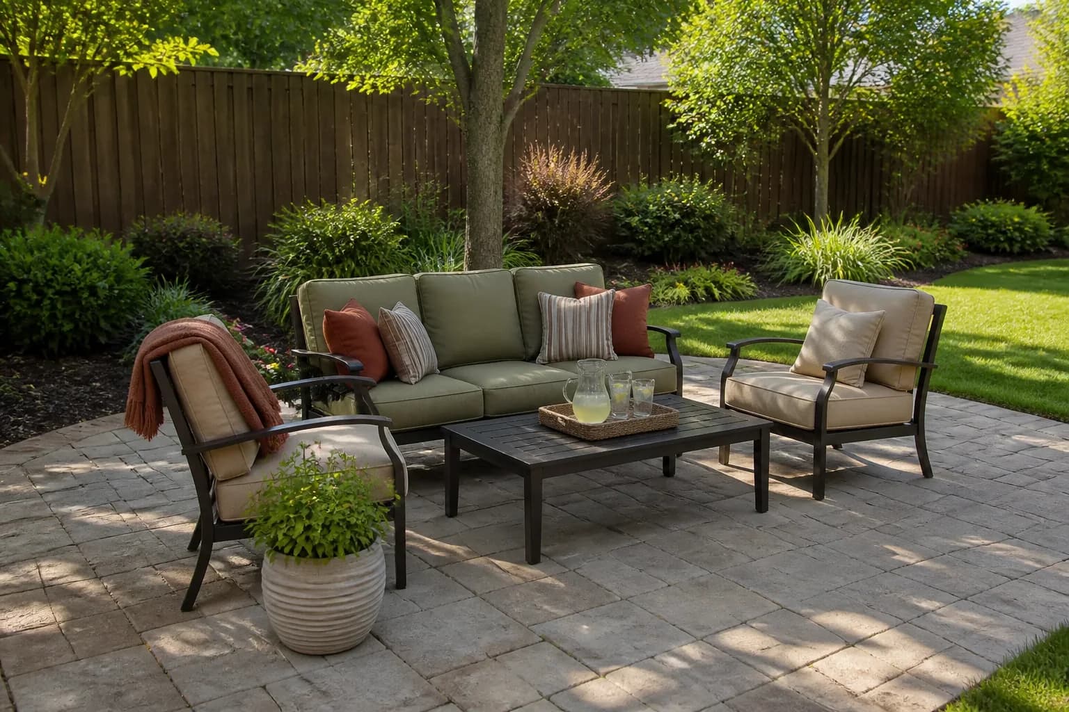 A furnished paver patio under tree shade with a loveseat, two cushioned chairs, and a coffee table arranged as a conversation area