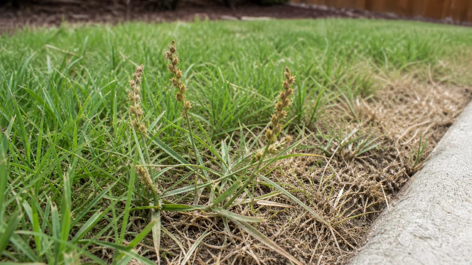Spiny burr seed heads on a low grassy weed in a thin, dry strip of North Texas lawn beside a driveway