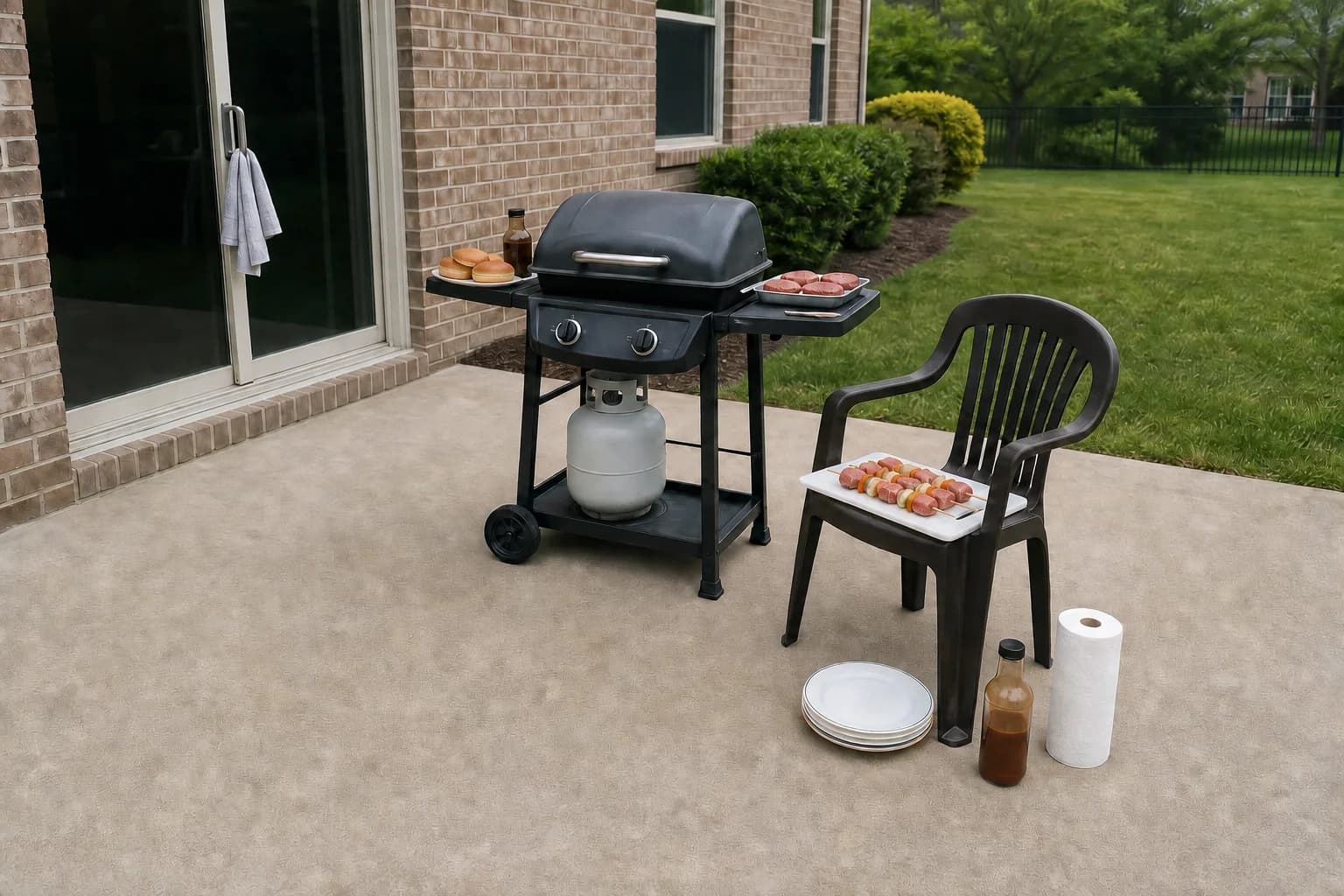 A portable grill cart parked alone on a bare patio slab, with a platter of food balanced on a chair because there is no counter space