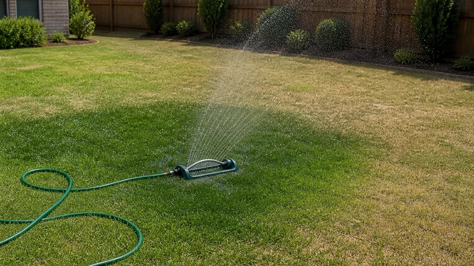A portable hose-end sprinkler running on a backyard lawn, the grass green where the spray lands and fading to dry straw beyond its reach