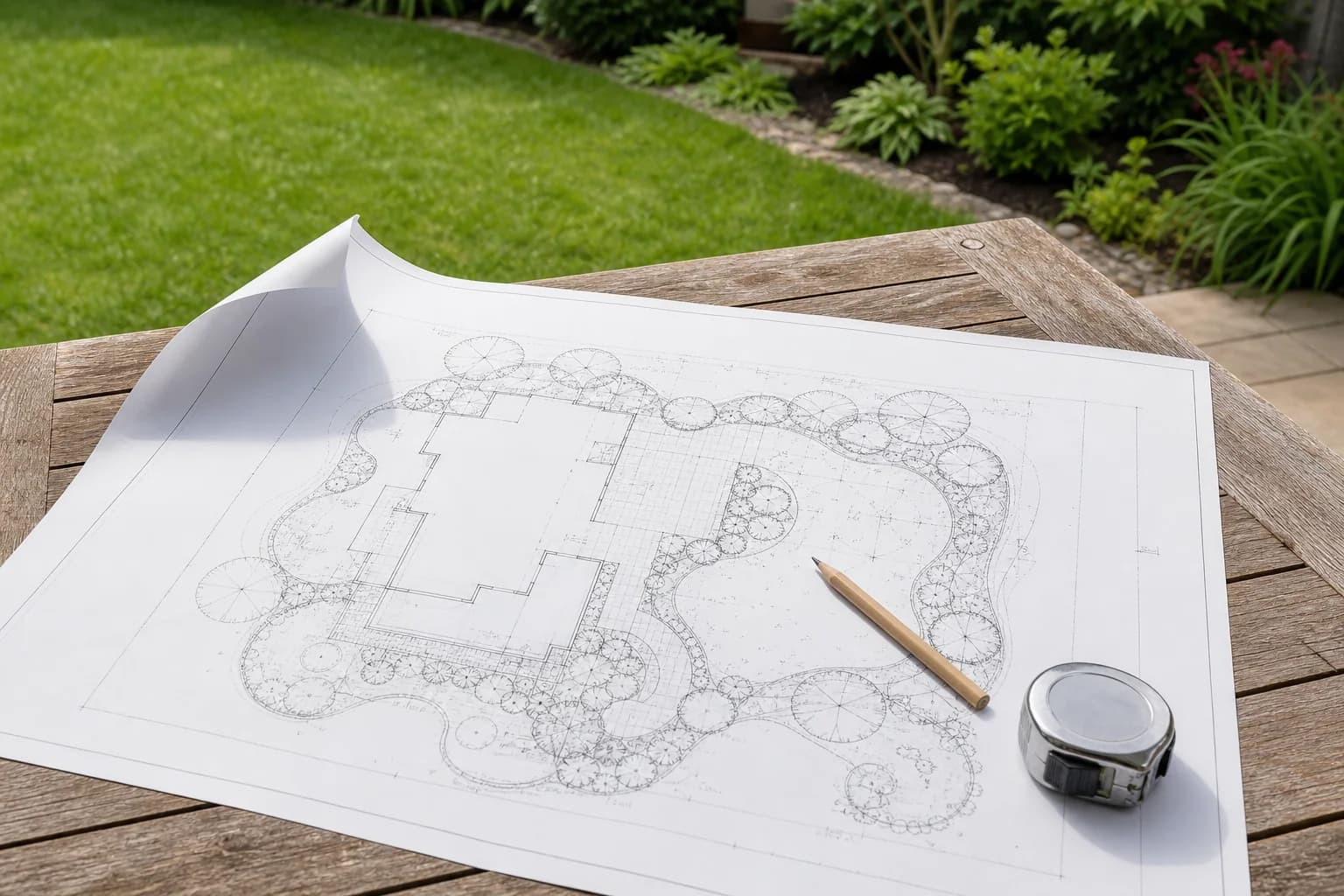 A printed landscape design plan with a pencil and tape measure on an outdoor table