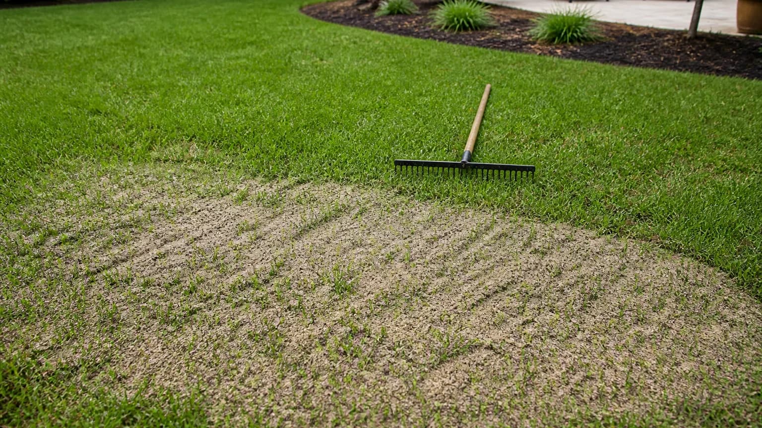 A thin layer of leveling mix spread over a low spot in a North Texas lawn, grass tips showing through, with a garden rake set down nearby