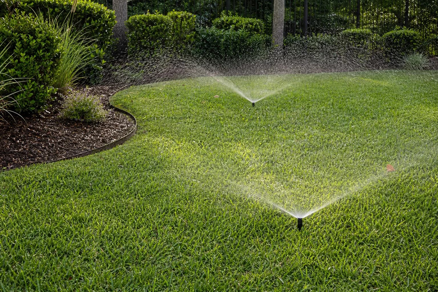 Two pop-up sprinklers running on a green lawn, their spray fans overlapping across the turf beside a curved mulch bed