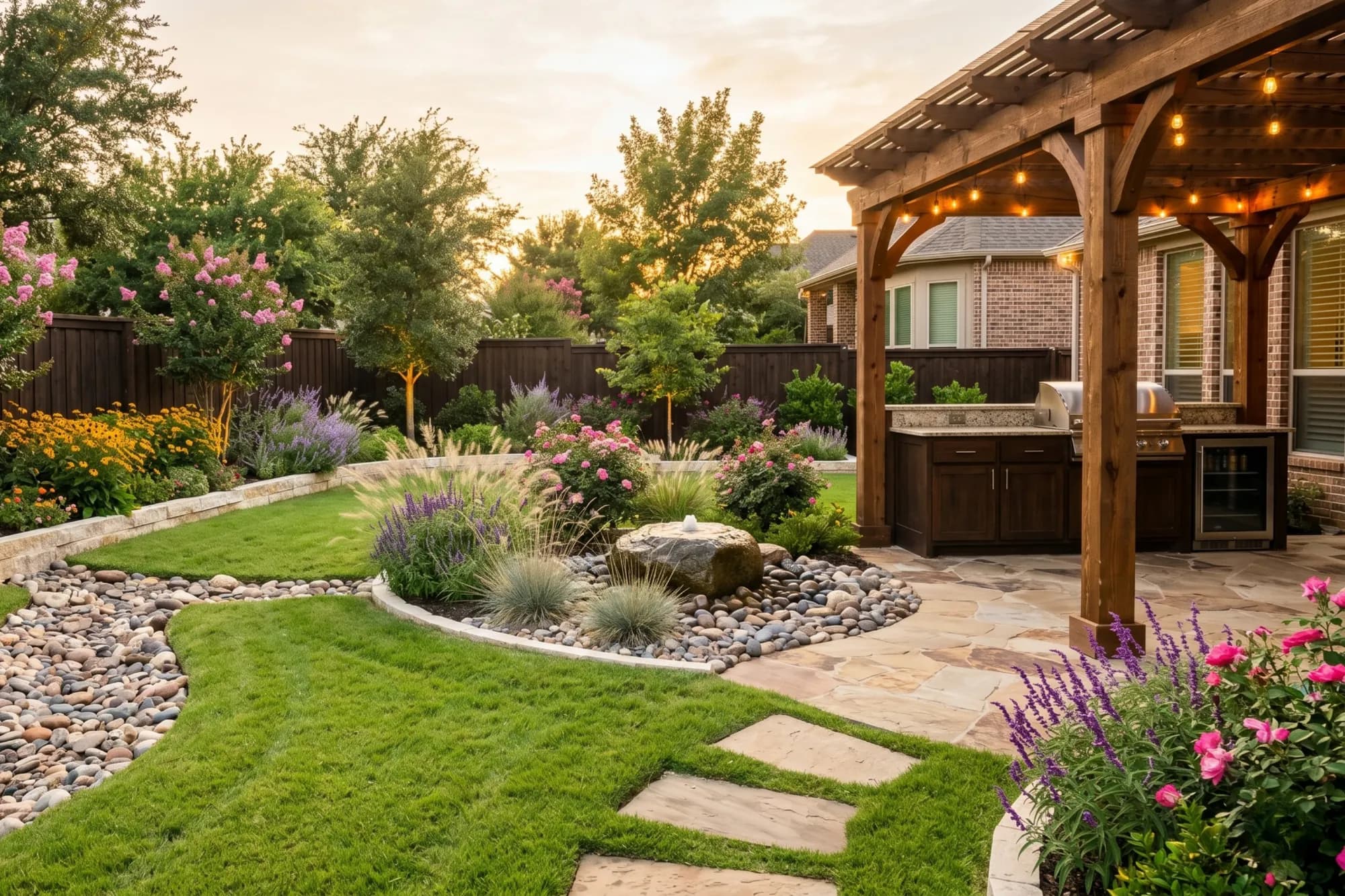A backyard at dusk with a cedar pergola over an outdoor kitchen, a flagstone patio, and a dry creek bed of river rock