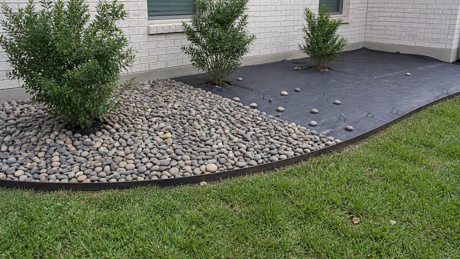 River rock spread over pinned landscape fabric in a half-finished planting bed, with steel edging separating it from a North Texas lawn