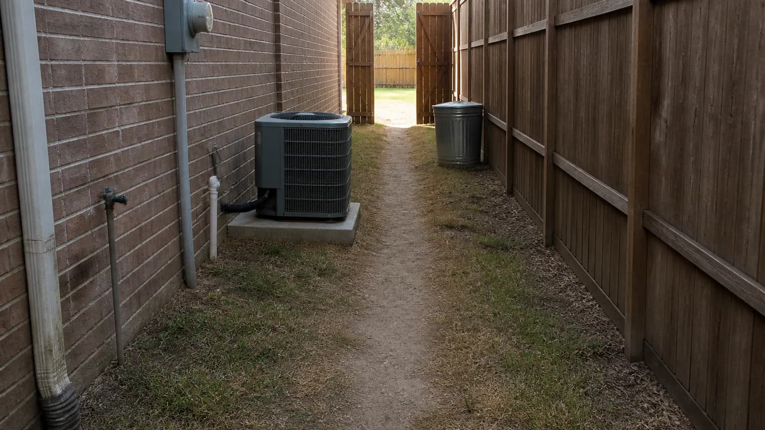 A narrow side yard between a brick house wall and a cedar fence, with a bare dirt path worn down the middle past an air-conditioning unit to an open gate