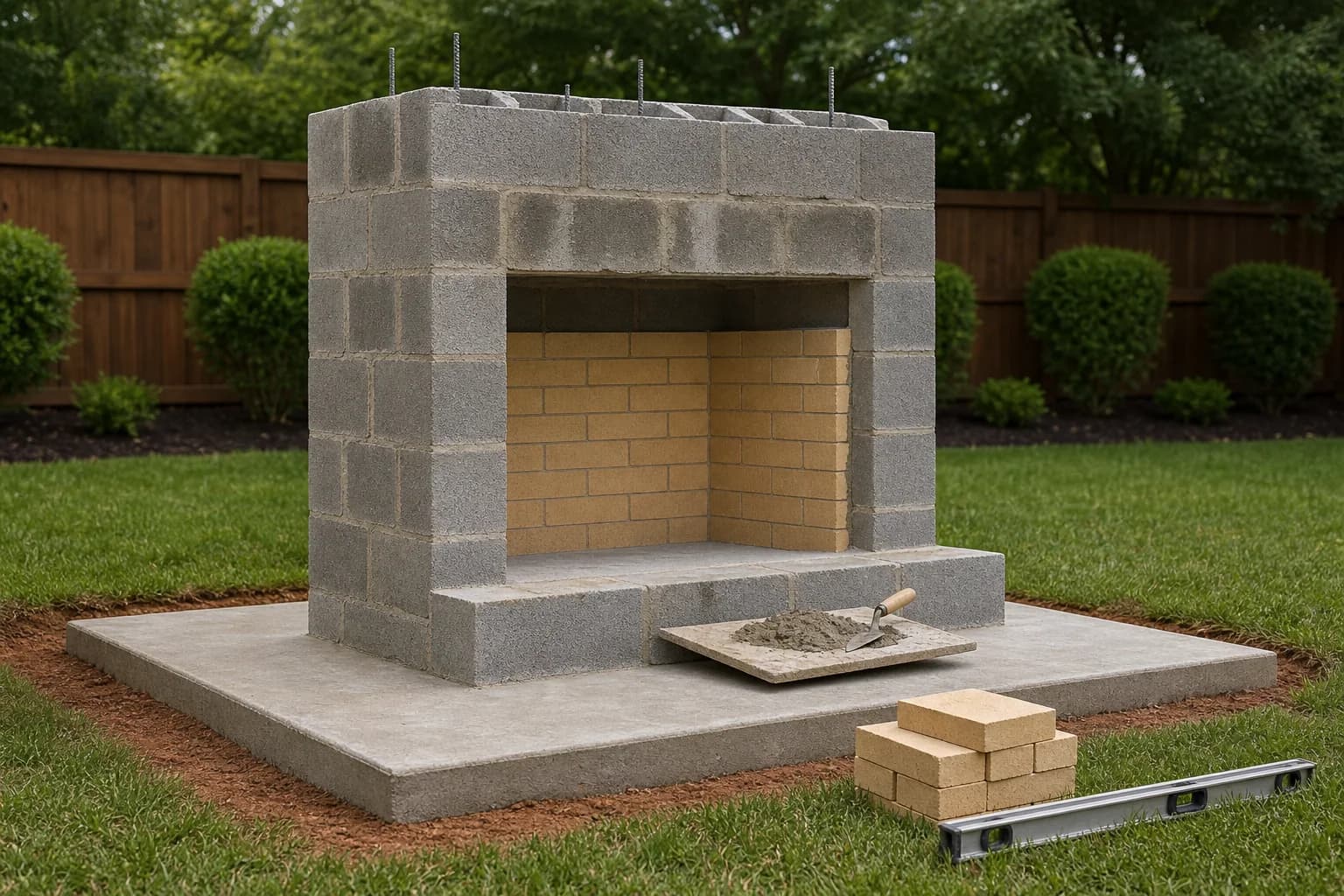 An outdoor fireplace under construction, its firebox lined with buff firebrick on a block shell set on a poured concrete footing