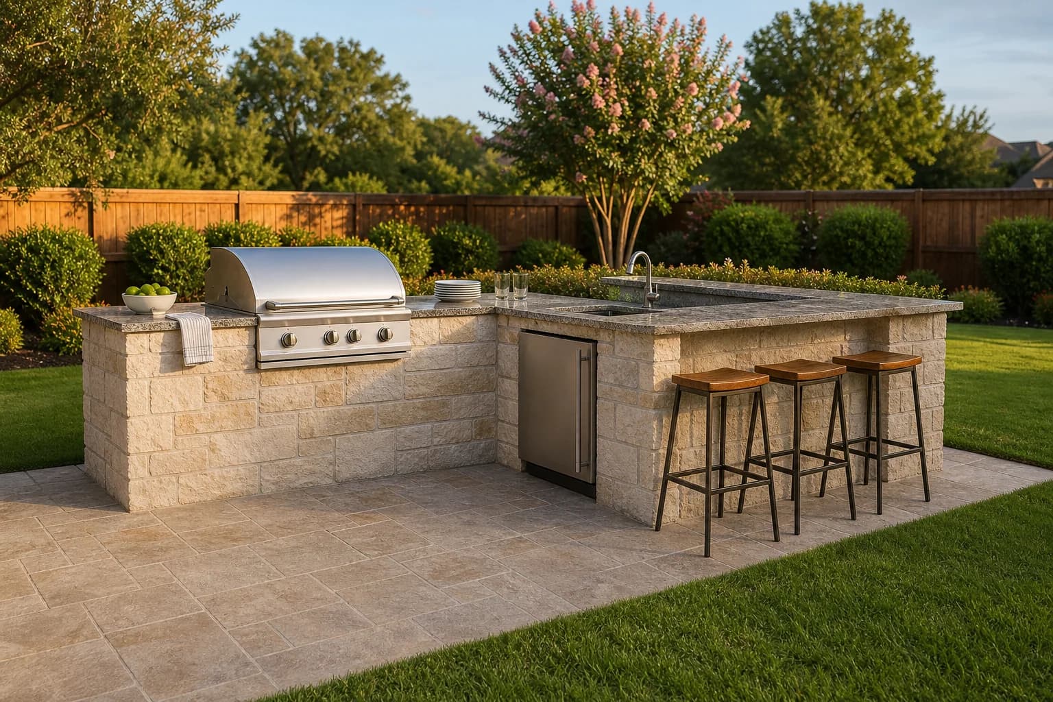 An L-shaped outdoor kitchen with a built-in grill, granite counters, and three empty stools pulled up to the bar