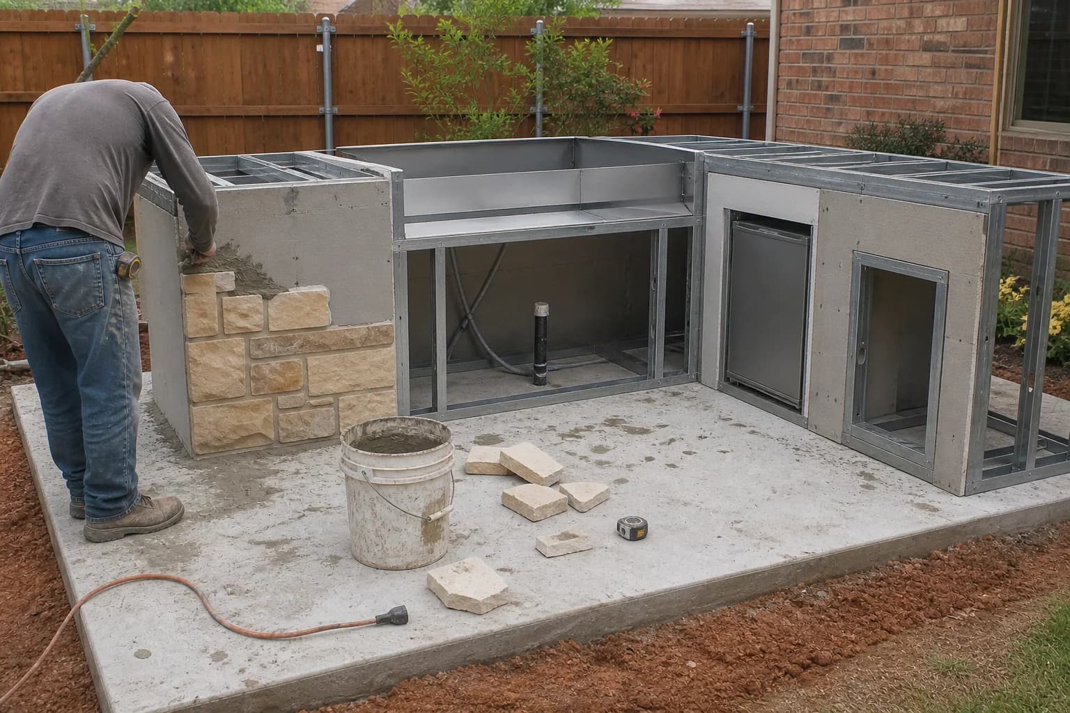 A worker applies limestone veneer to an outdoor-kitchen steel frame with separate grill and appliance openings on a concrete pad