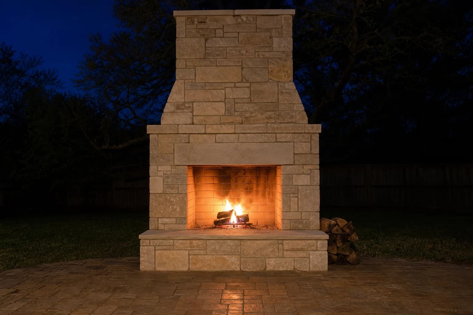 A stacked-stone outdoor fireplace with a wood fire burning in the firebox, lighting the paver patio in front of it at dusk