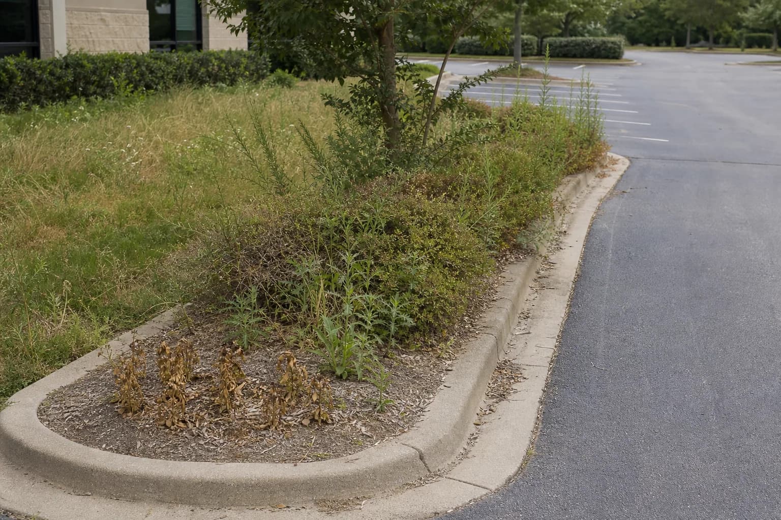 An overgrown commercial entry median with weeds through faded mulch, shrubs sprawling over the curb, and dead brown flowers at its nose