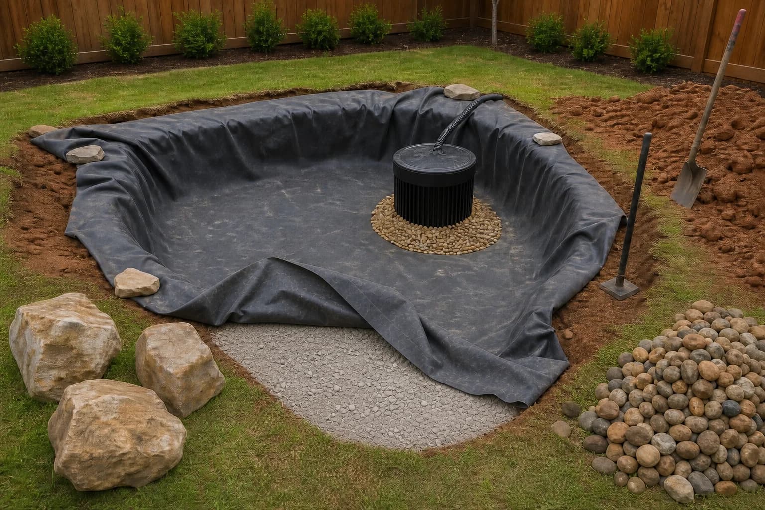 A water-feature basin excavated in red clay, its liner folded back to show the crushed-rock base, with a pump vault set inside
