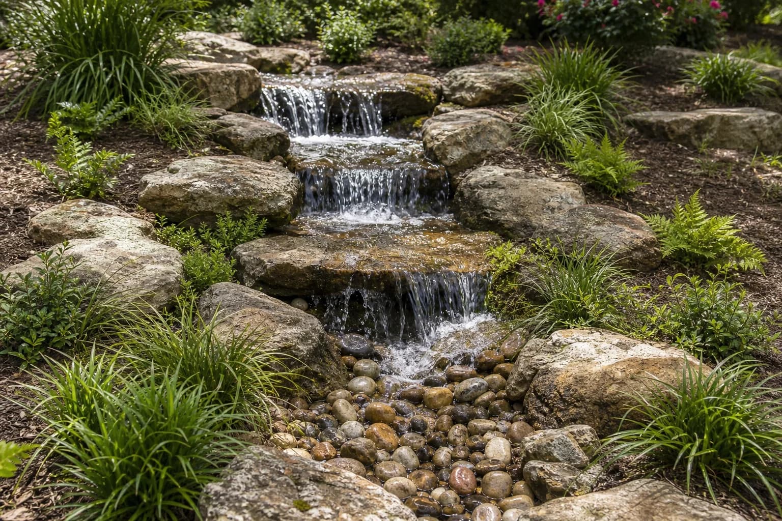 A pondless waterfall spilling over limestone boulders into a bed of river rock at its base