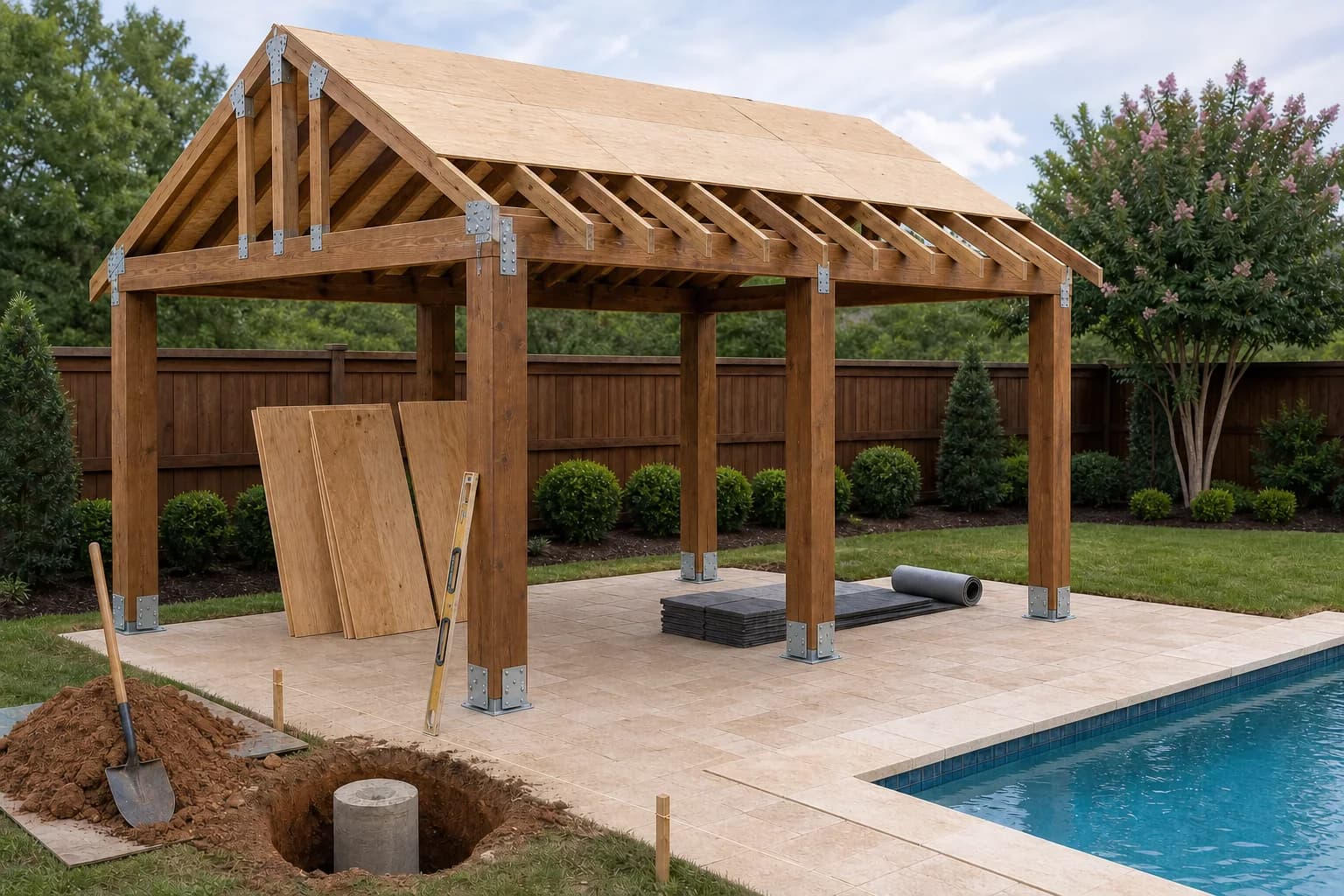 A poolside cabana under construction, its cedar frame carrying roof sheathing part-way on, with posts on galvanized bases bolted to concrete piers