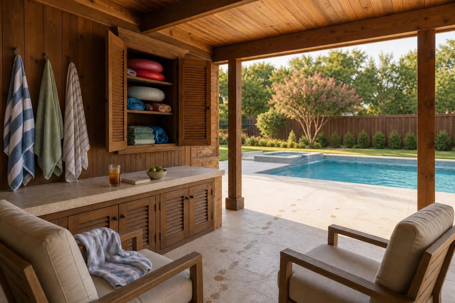 Inside the shade of a poolside cabana, with towels on hooks, pool gear stowed in an open cabinet, and two empty lounge chairs