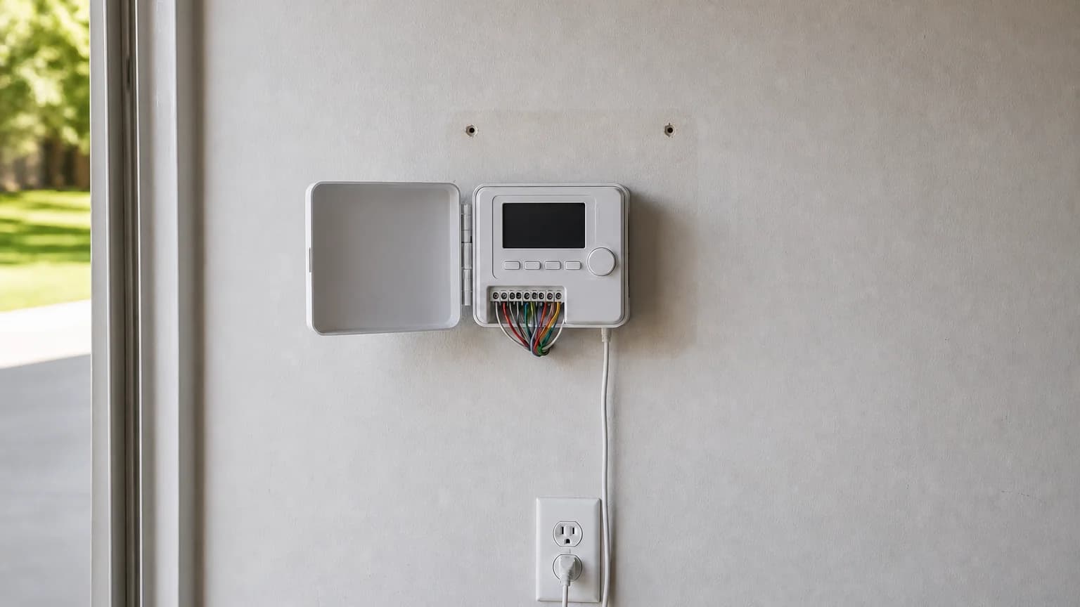 A wall-mounted irrigation controller in a garage with its cover open and thin color-coded wires landing on its terminal strip