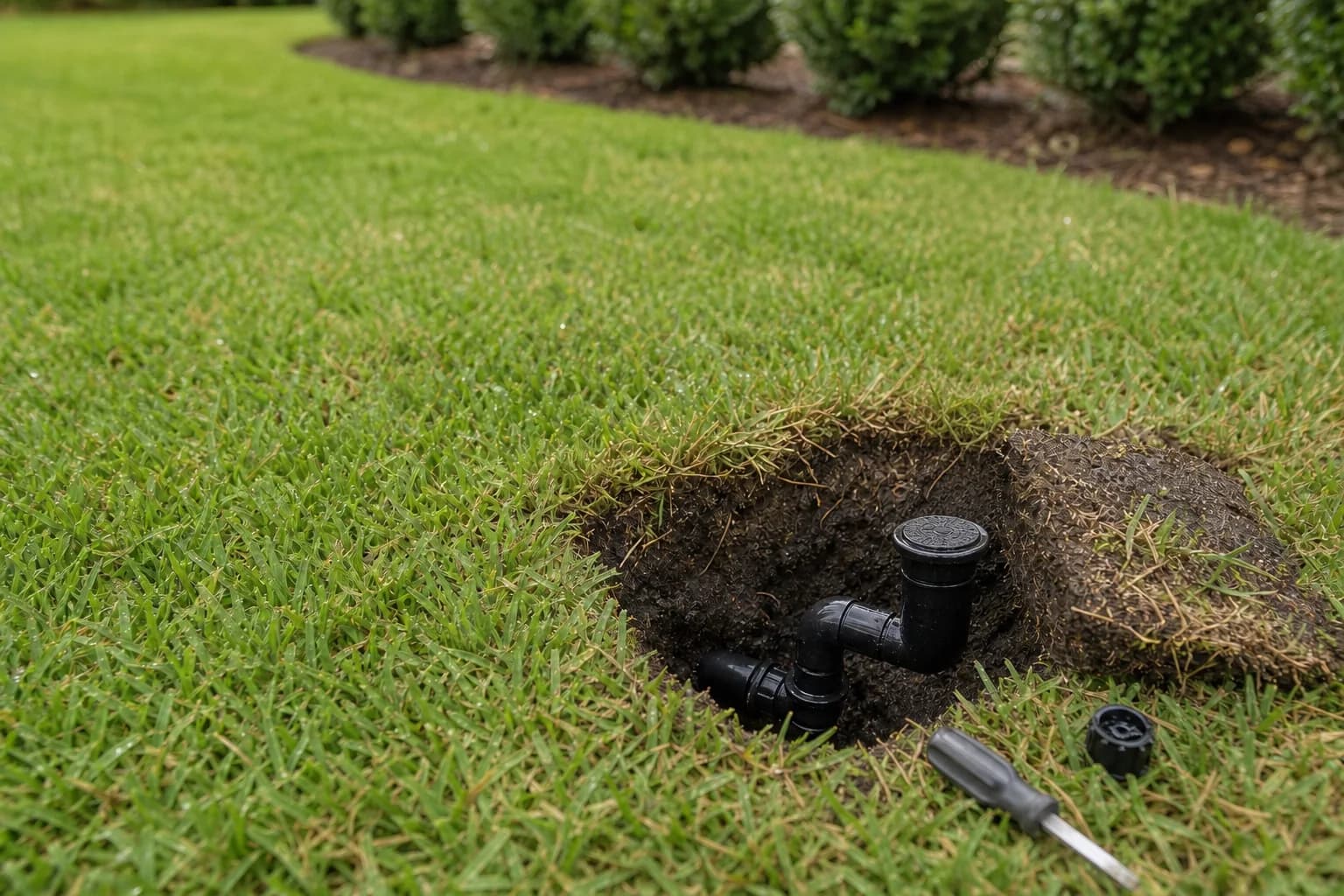 A pop-up sprinkler head dug out at its swing joint in an opened patch of lawn, with a screwdriver and spare nozzle resting on the grass