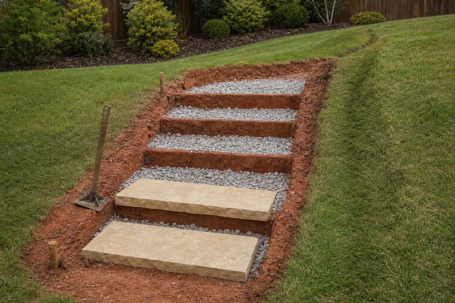 A stair excavation cut into red clay as stepped terraces filled with compacted crushed rock, with the first stone treads set on the base