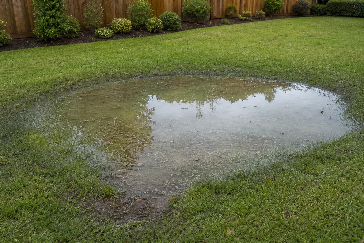 A shallow puddle of standing water in a low spot of a backyard lawn, with matted grass and bare mud around its edge
