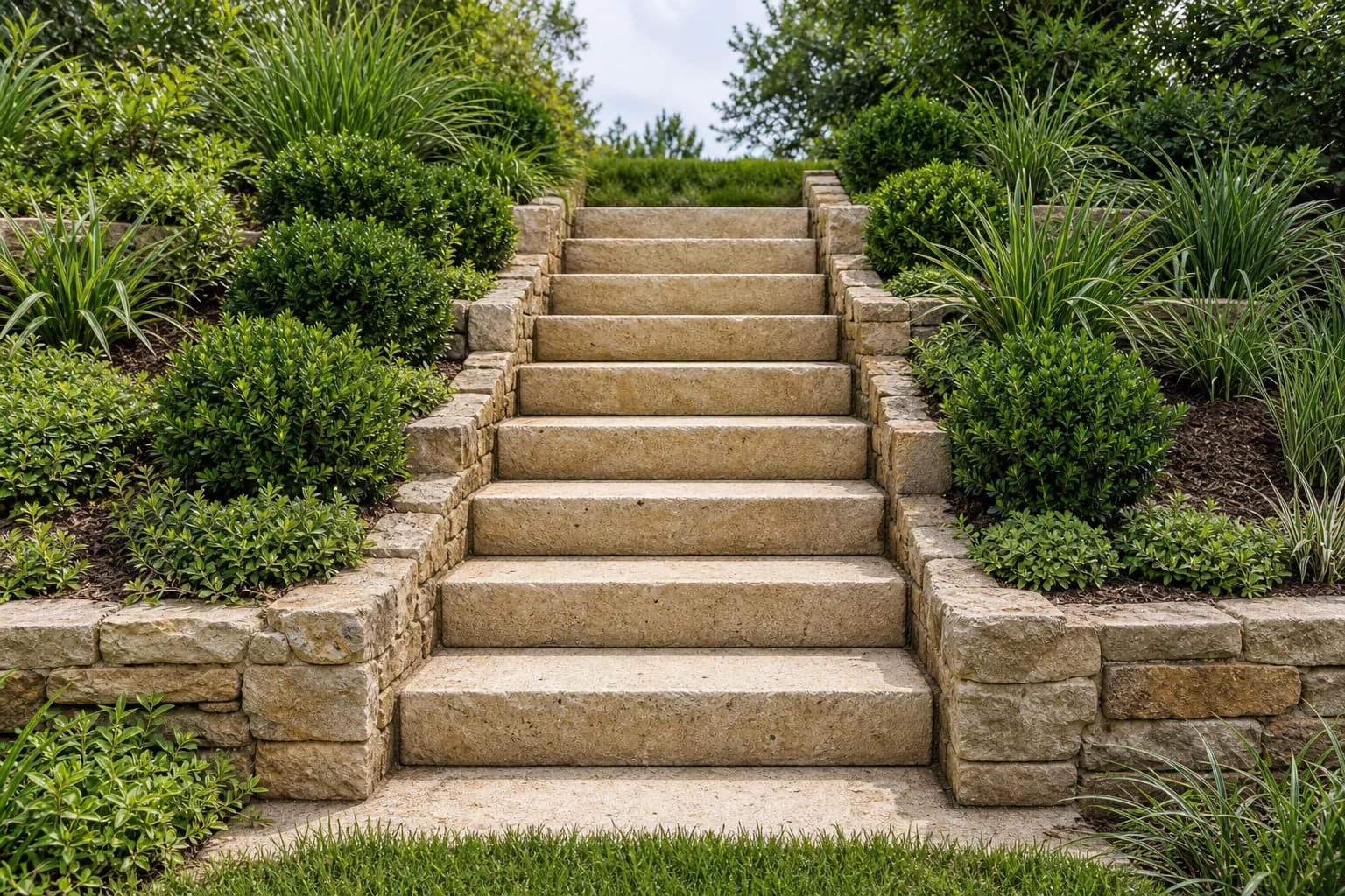 A run of thick cut-stone steps climbing a planted slope, each tread set level with the risers all the same height