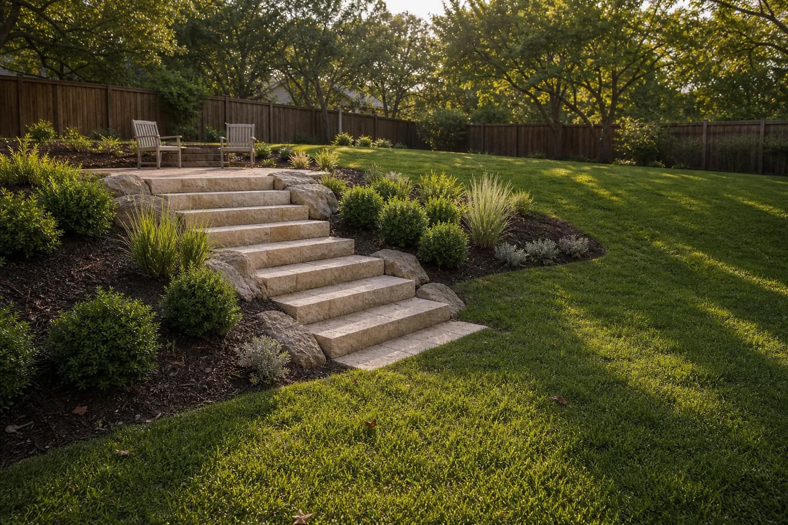 A run of stone steps joining a lower lawn to an upper paver seating area, with both levels of the yard usable