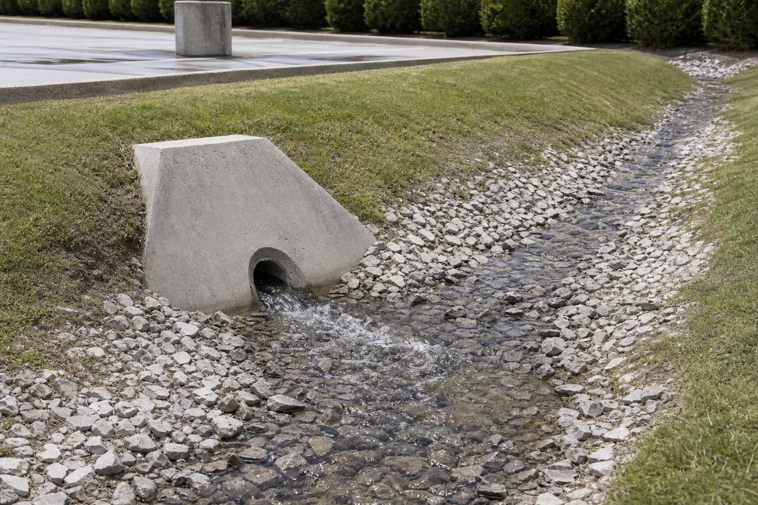 A concrete pipe outlet discharging into a rock-lined channel at the edge of a commercial parking area