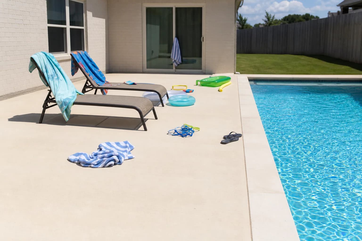 A sun-baked pool deck with no shade anywhere, wet towels piled over the chairs and pool floats left out on the concrete