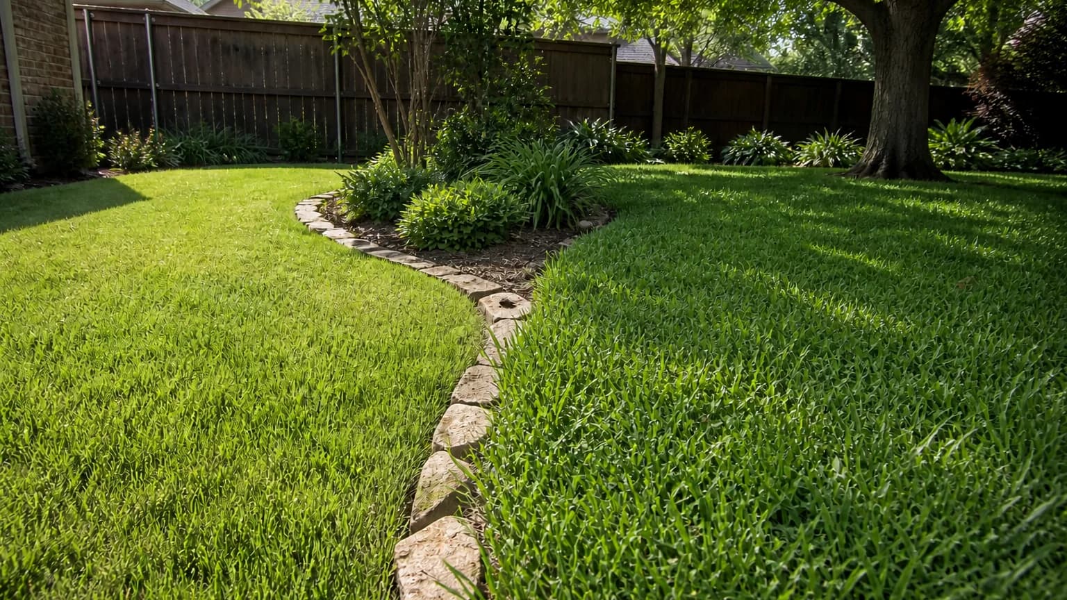 Two separate backyard lawn zones with different blade textures, one in open sun and one under a mature shade tree