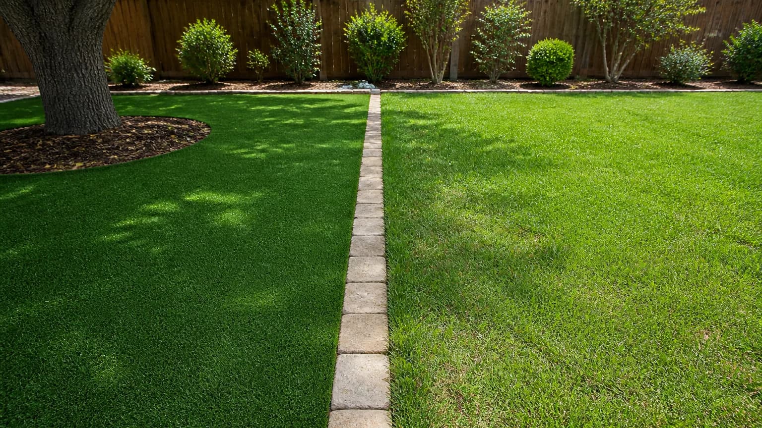 A synthetic turf lawn meeting a real grass lawn along a straight paver border course, the turf in tree shade on one side and living grass in open light on the other