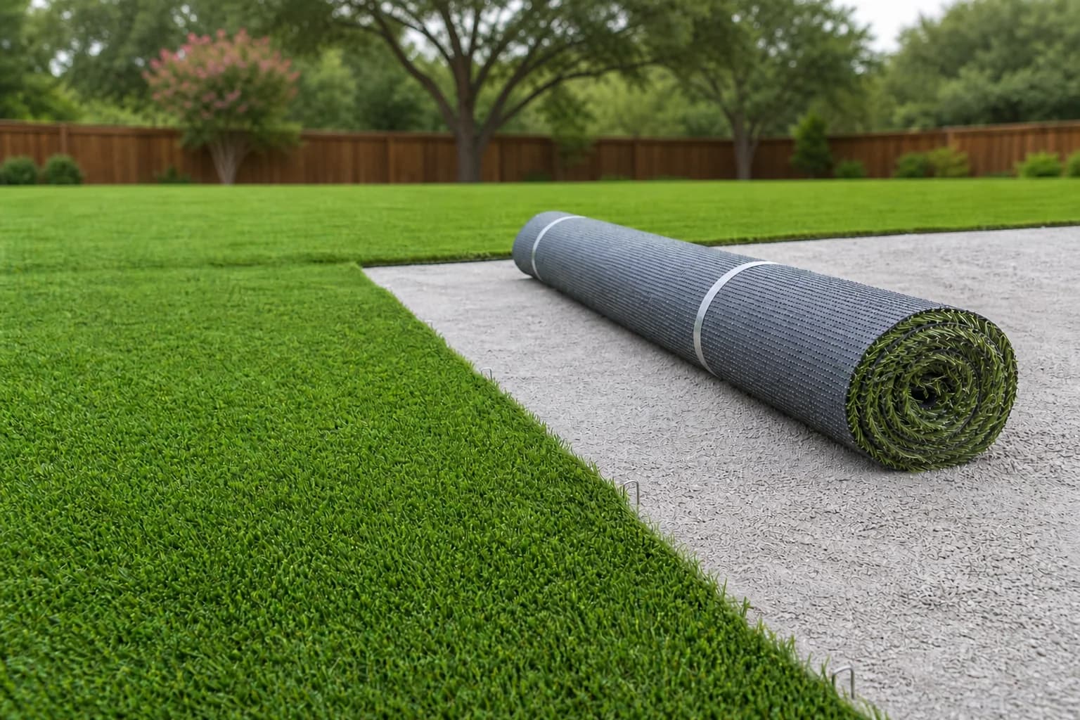 A partly unrolled roll of synthetic turf resting on a compacted base course beside an already laid section, with landscape staples set along the seam