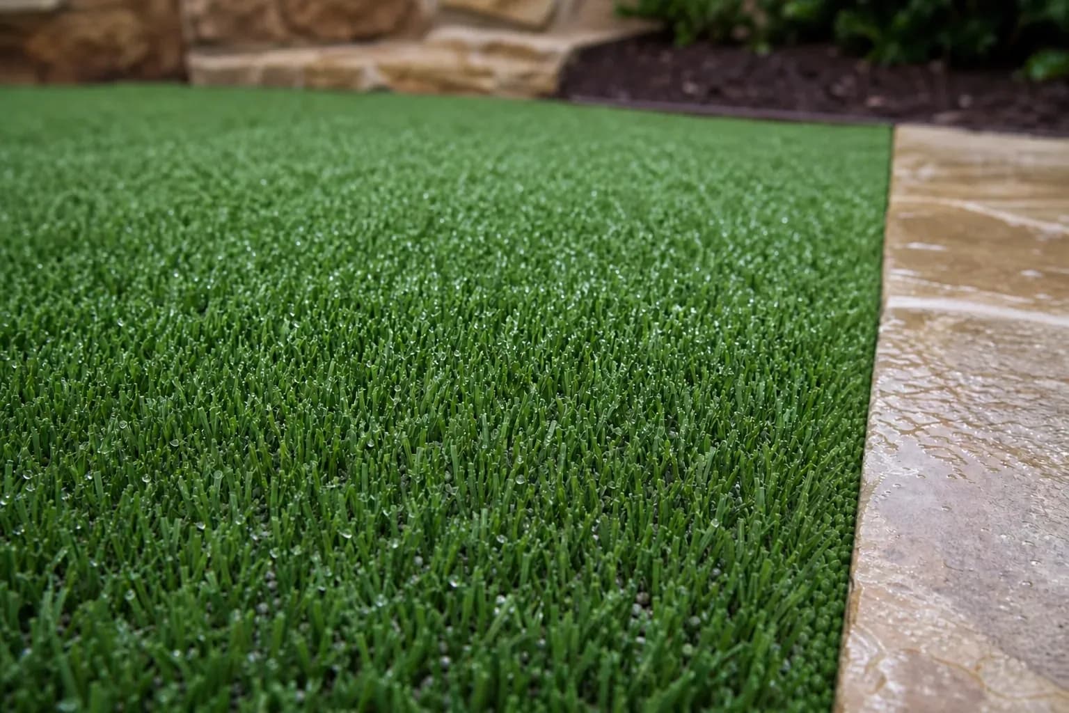 Rainwater beaded across a synthetic turf lawn meeting a wet flagstone border along a clean cut edge