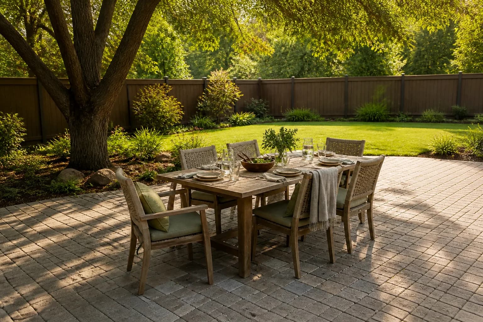 A wood dining table set for an outdoor meal with six cushioned chairs on a paver patio shaded by a mature tree
