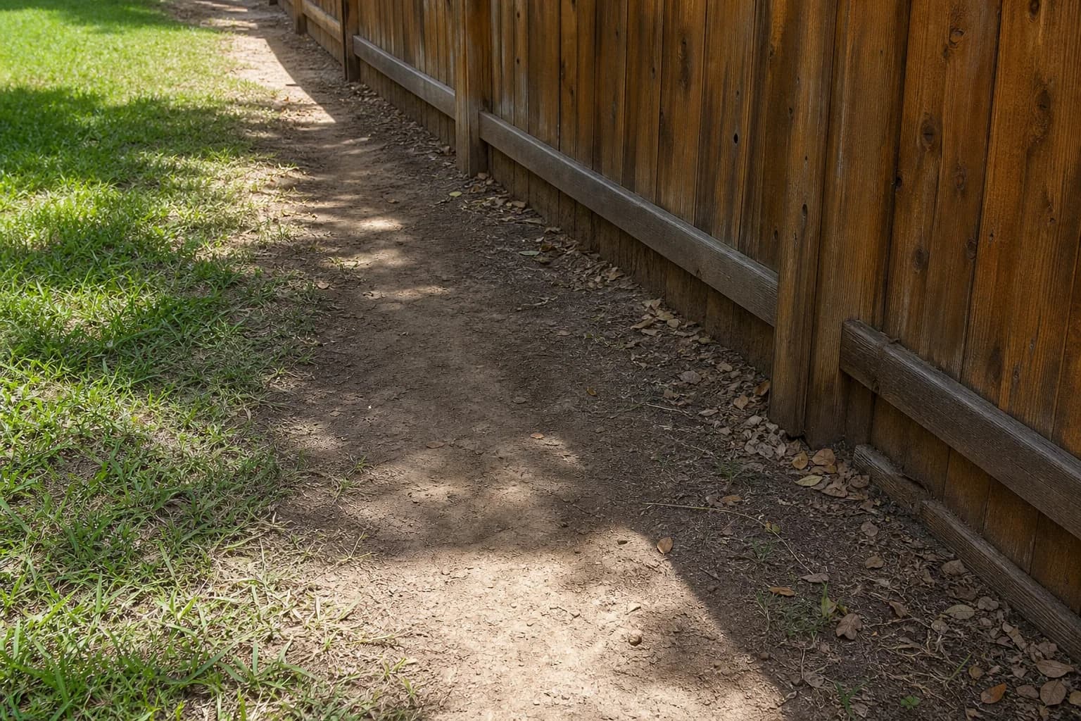 A worn bare-dirt track along a shaded cedar fence line where the grass has been trampled away