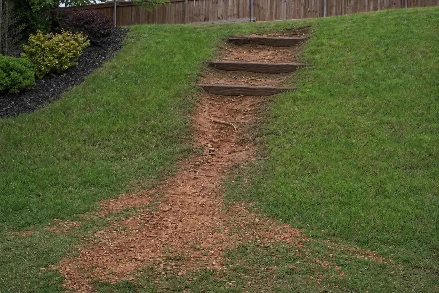 A worn bare-dirt track on a grass slope with an erosion channel and three weathered timber step risers settled unevenly near the top