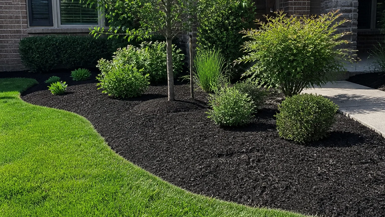 A broad front planting bed with fresh dark shredded mulch around a young tree, mixed shrubs, and a curved lawn edge beside a brick home